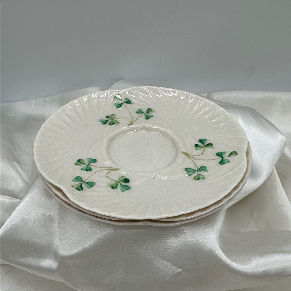 Belleek Shamrock Saucers (3)- Cream and Green